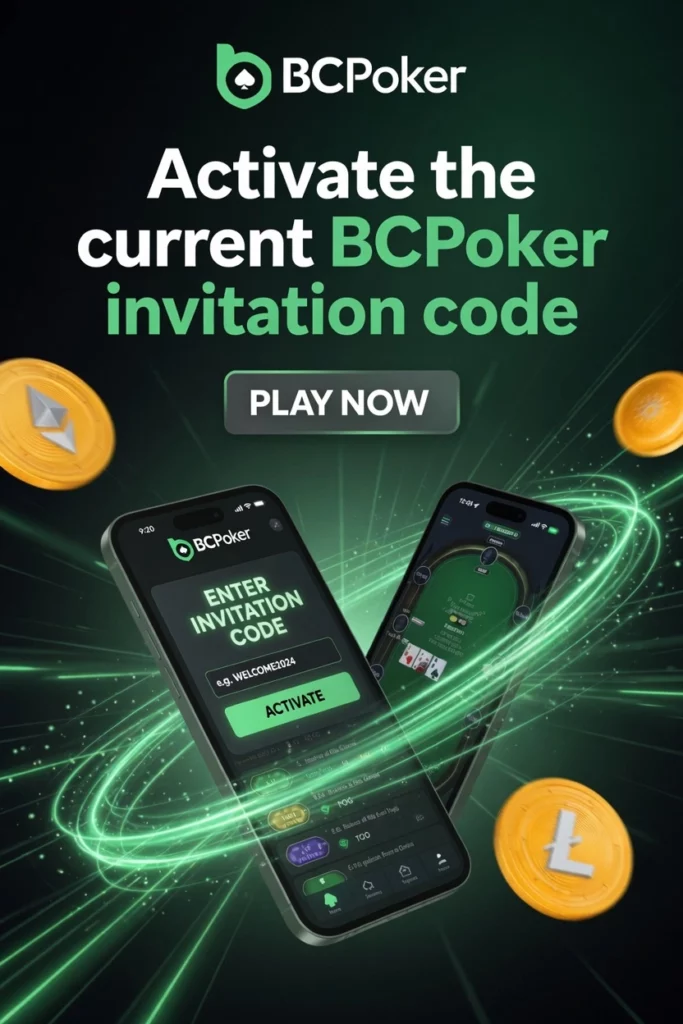 BC Poker invitation code activation banner with mobile poker screens, promo code entry and glowing poker chip visuals