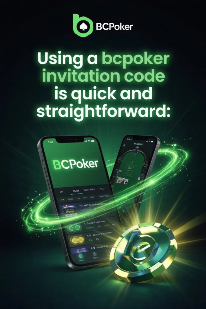 BC Poker invitation code banner with mobile poker app screens, glowing poker chip and quick signup process visuals