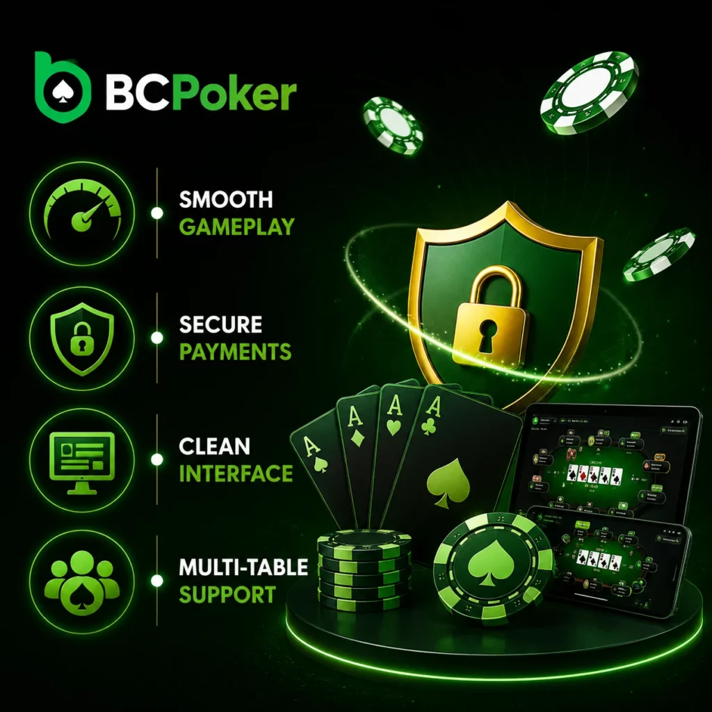 BC Poker gameplay features banner with smooth gameplay, secure transactions, intuitive interface and multi-table support visuals