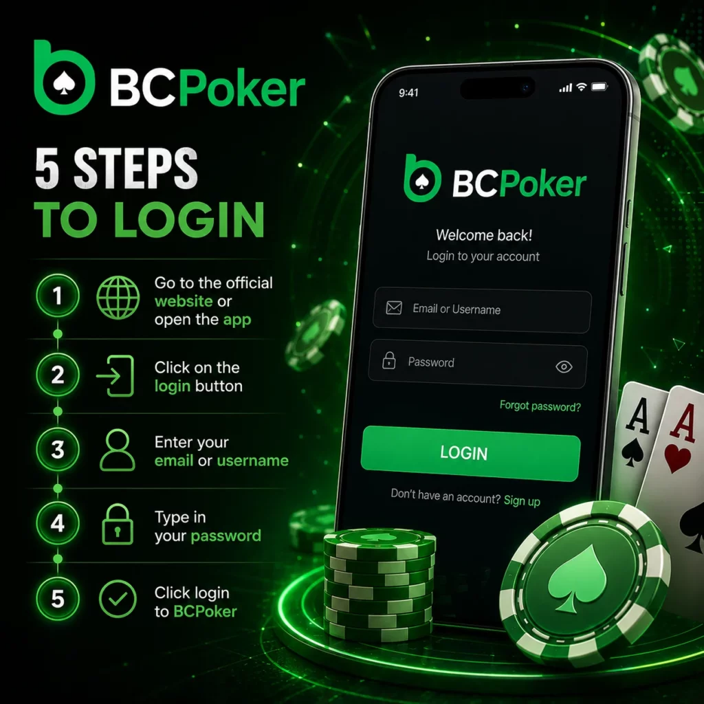 BC Poker login guide infographic with mobile app interface, secure sign in steps and poker themed visuals