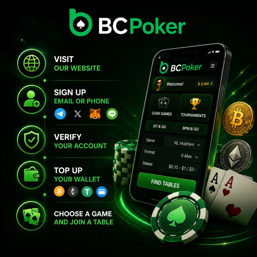 BC Poker quick start infographic with account setup, verification, wallet top up and poker table access visuals